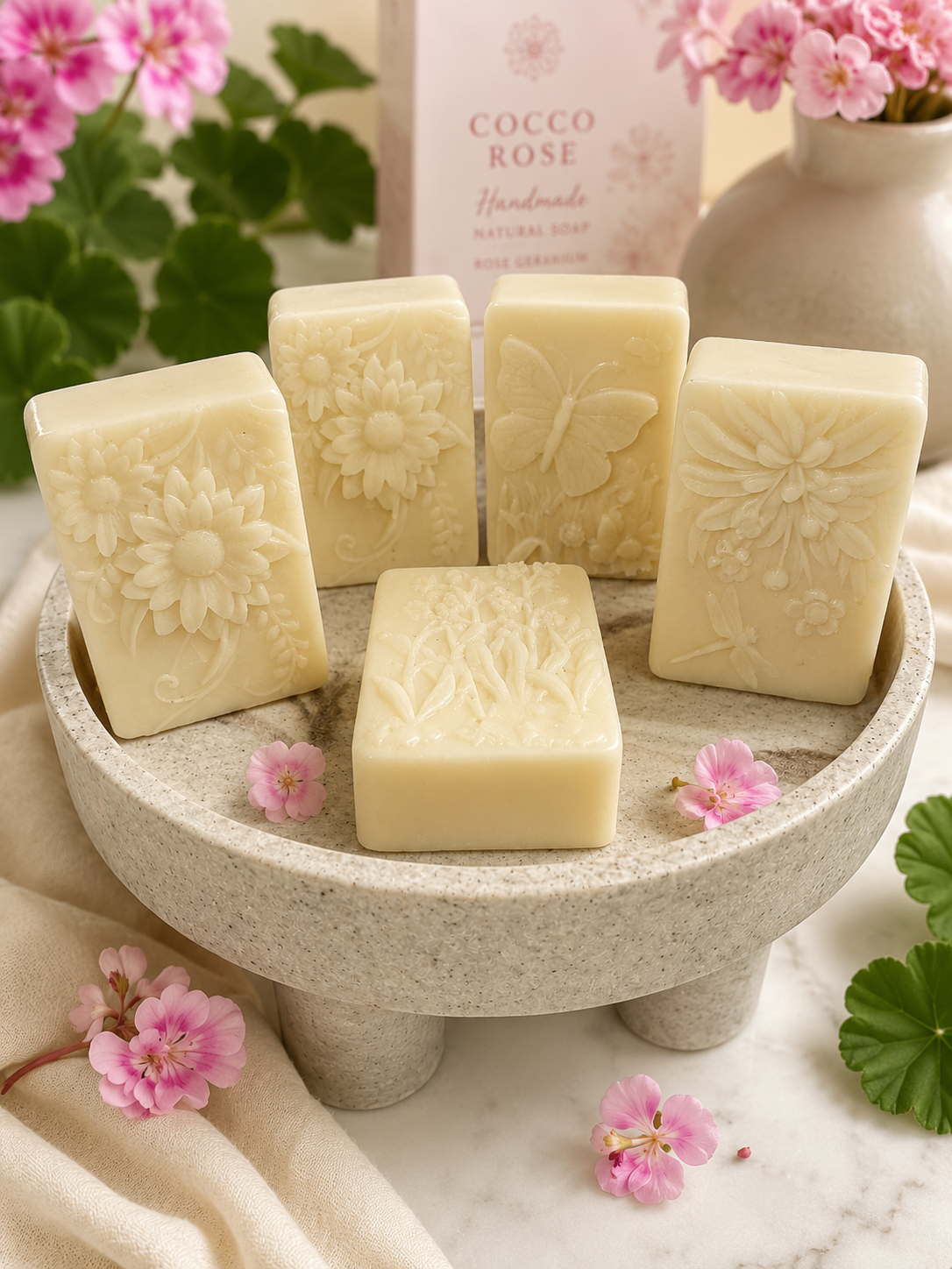 Five pale cream handmade soap bars with embossed floral and butterfly designs are arranged on a round stone pedestal. A pink box labeled Cocco Rose Handmade Soap is visible in the background, along with pink flowers and green leaves in a styled setting.