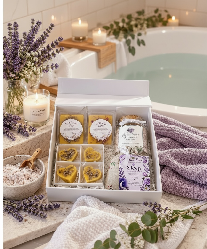Lavender Sleep Gift Box, Beeswax Wax Melts, Bath Salts & Botanical Sachet, Relaxation Self Care Gift for Her