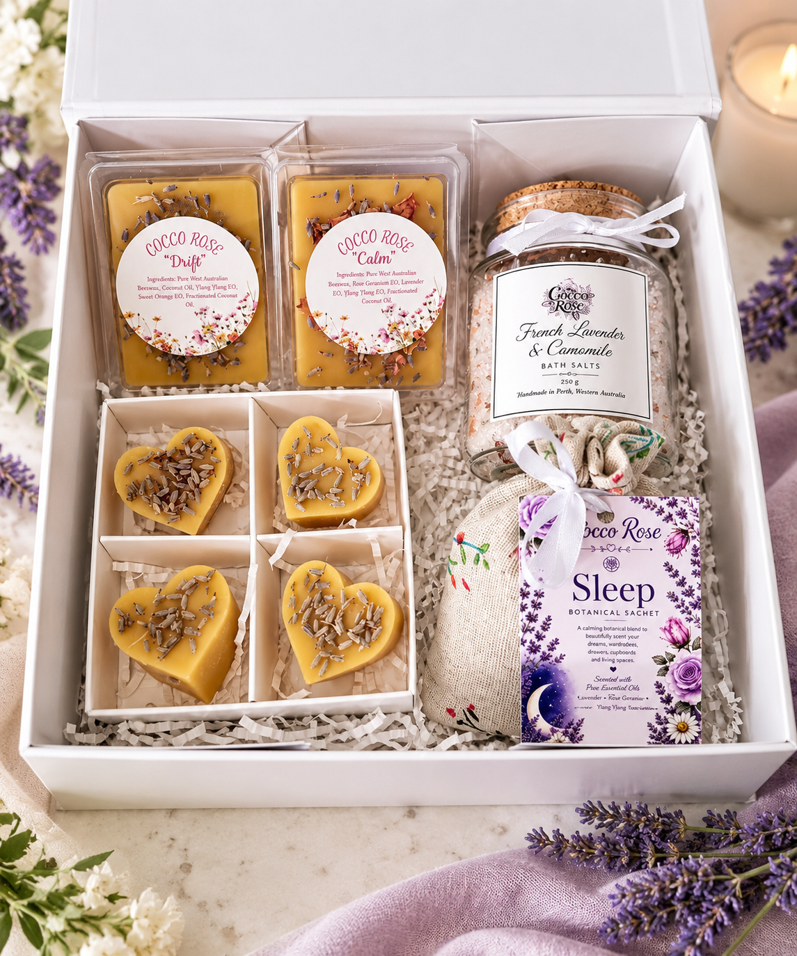 Lavender Sleep Gift Box, Beeswax Wax Melts, Bath Salts & Botanical Sachet, Relaxation Self Care Gift for Her