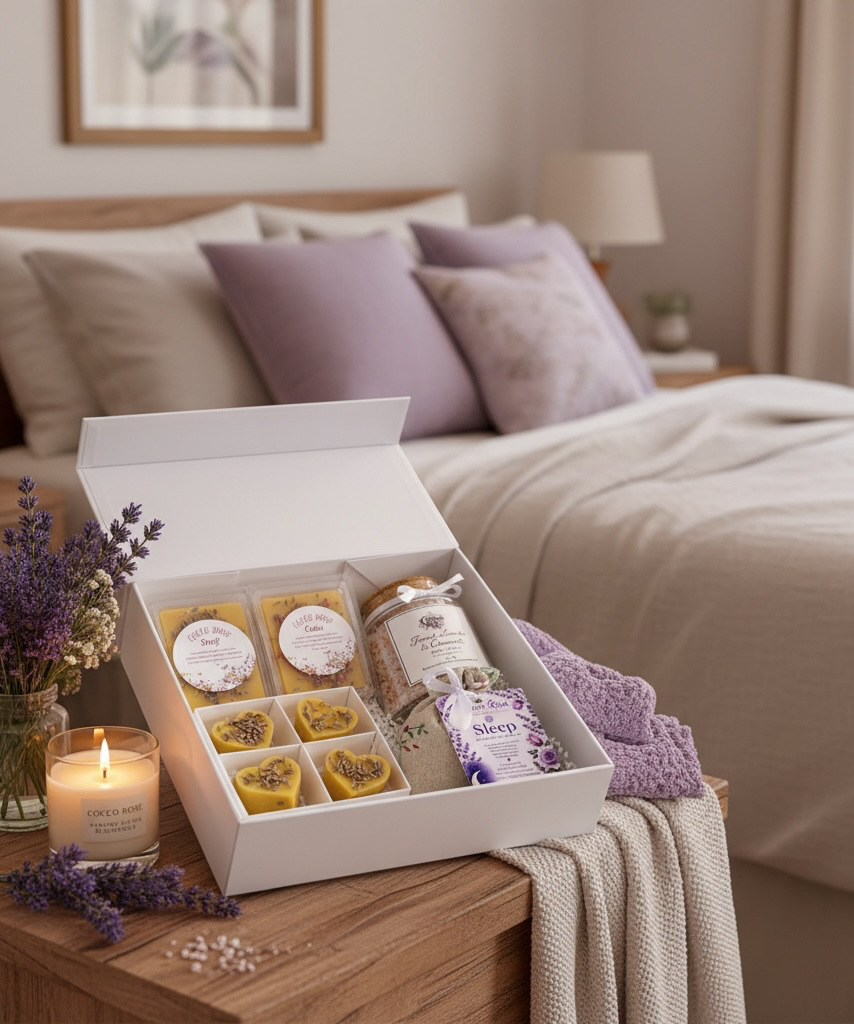 Lavender Sleep Gift Box, Beeswax Wax Melts, Bath Salts & Botanical Sachet, Relaxation Self Care Gift for Her