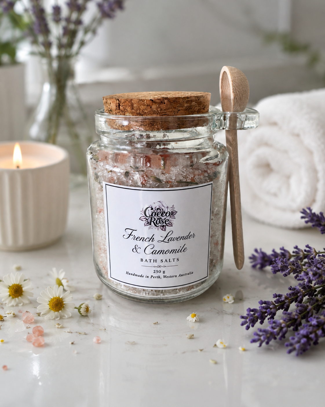 Lavender & Camomile Bath Salts 250g, Epsom Salt Bath Soak, Essential Oil Spa Gift