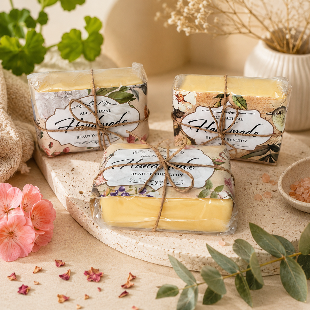 Three handmade soap bars wrapped in clear plastic with floral labels and twine, arranged on a stone tray with dried flowers, greenery, and a ceramic vase in a warm styled setting.