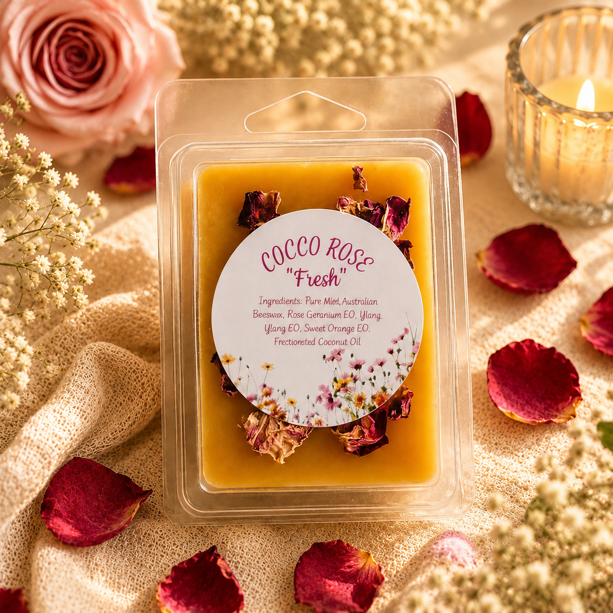 Essential Oil Beeswax Melts | Floral | Rose Quartz Crystals | Gifts | Handmade in Australia