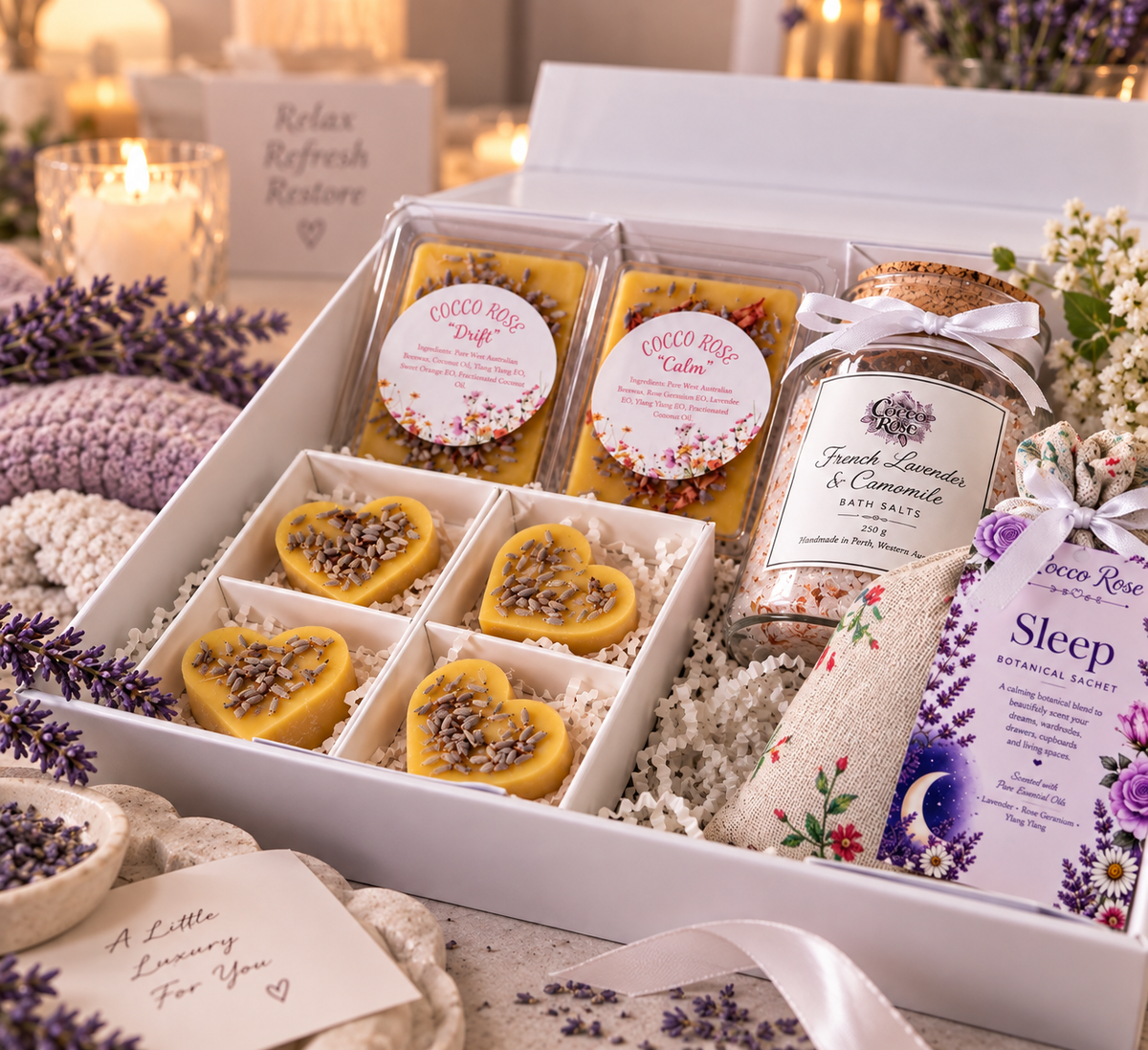 Lavender Sleep Gift Box, Beeswax Wax Melts, Bath Salts & Botanical Sachet, Relaxation Self Care Gift for Her