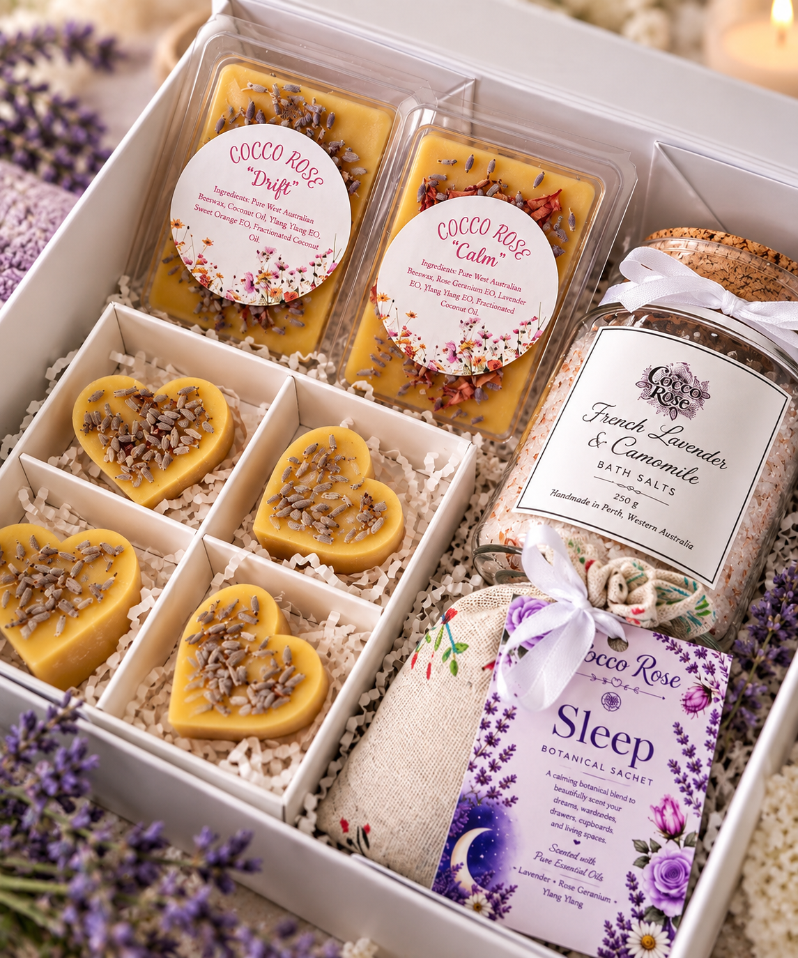 Lavender Sleep Gift Box, Beeswax Wax Melts, Bath Salts & Botanical Sachet, Relaxation Self Care Gift for Her