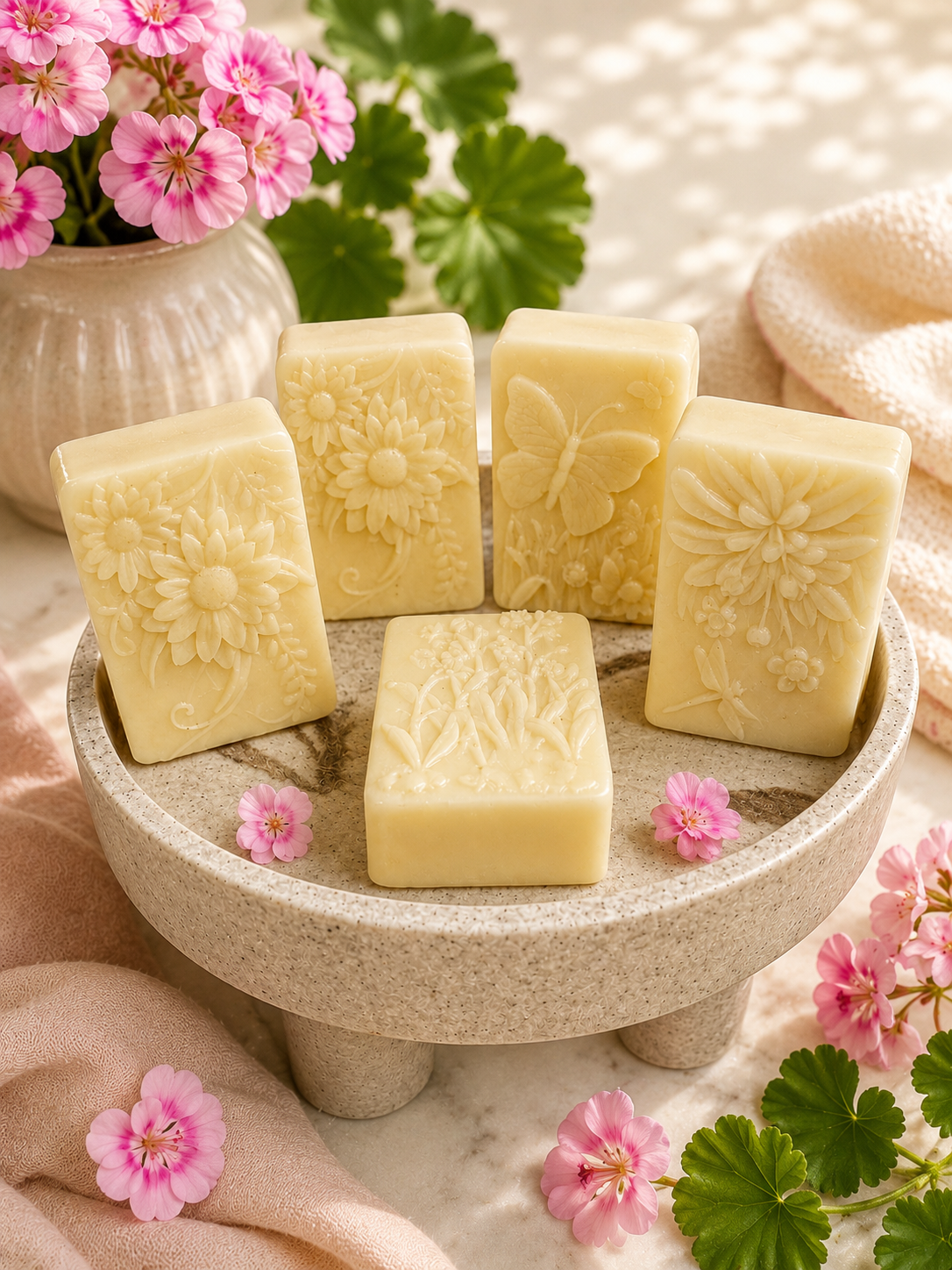 Five pale yellow rectangular bars of soap with embossed floral and butterfly designs, arranged on a small round stone pedestal. Pink flowers and green leaves decorate the scene, with soft beige fabric in the background.