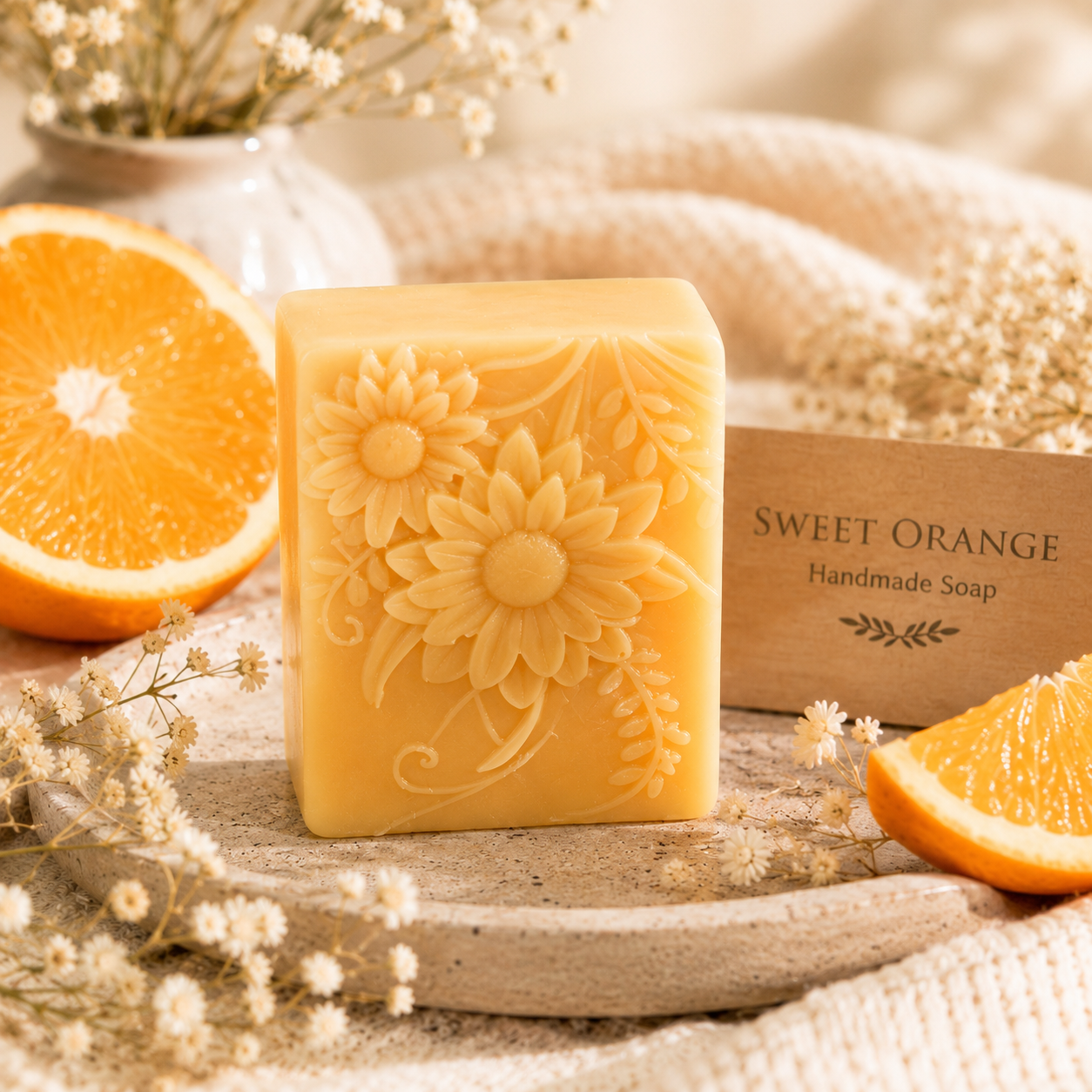 A rectangular bar of handmade soap in a warm yellow-orange hue, embossed with a floral sunflower design. It is displayed on a rustic wooden board surrounded by dried flowers, orange slices, and a wooden tag that reads 'SWEET ORANGE Handmade Soap'.