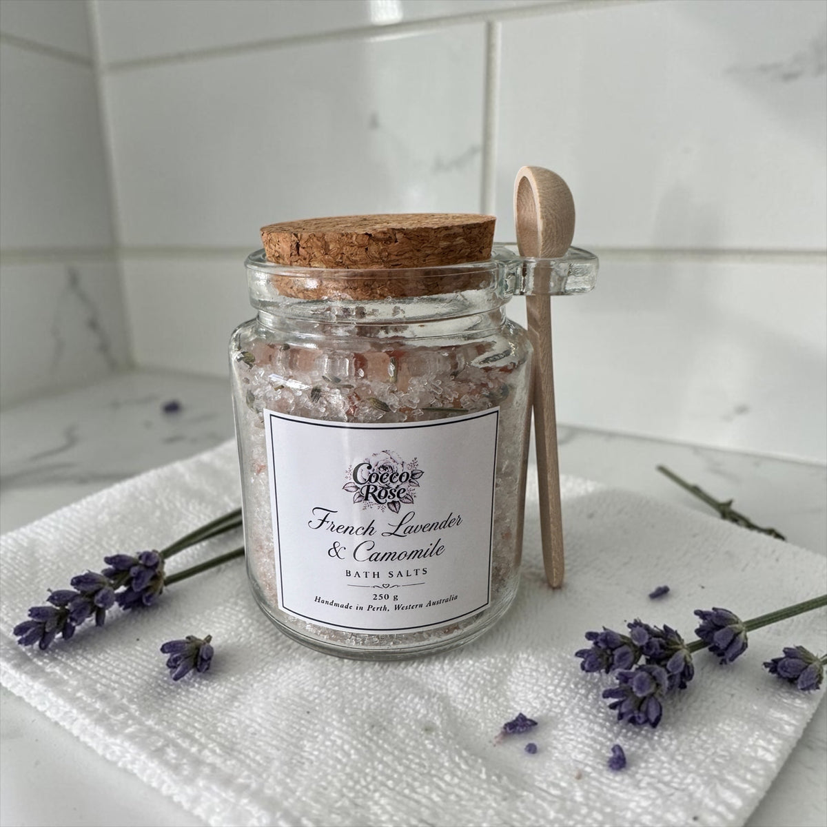 Lavender & Camomile Bath Salts 250g, Epsom Salt Bath Soak, Essential Oil Spa Gift
