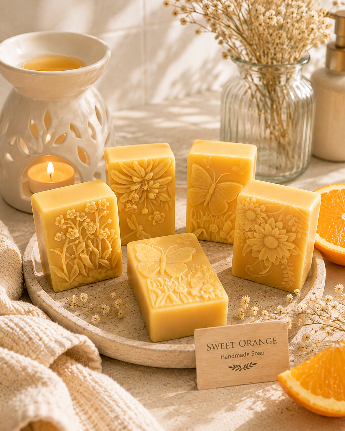 Five rectangular bars of handmade yellow soap with embossed floral and butterfly designs are arranged on a round tray. A small card reads 'SWEET ORANGE Handmade Soap.