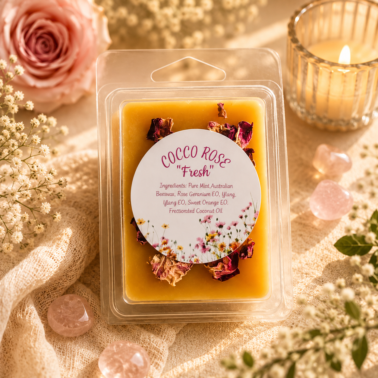 Clamshell wax melts with petals - Fresh Bloom on a decorative table - Cocco Rose