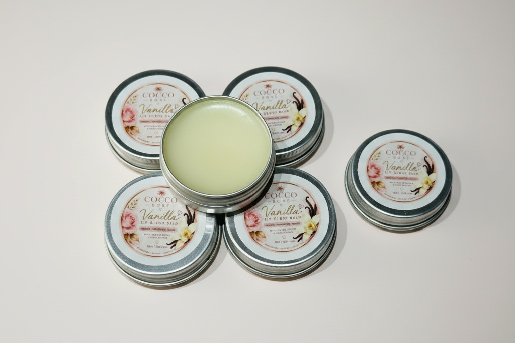 Cocco Rose Lip Balm Gloss Banana Smoothie, Vanilla & Rose Geranium
