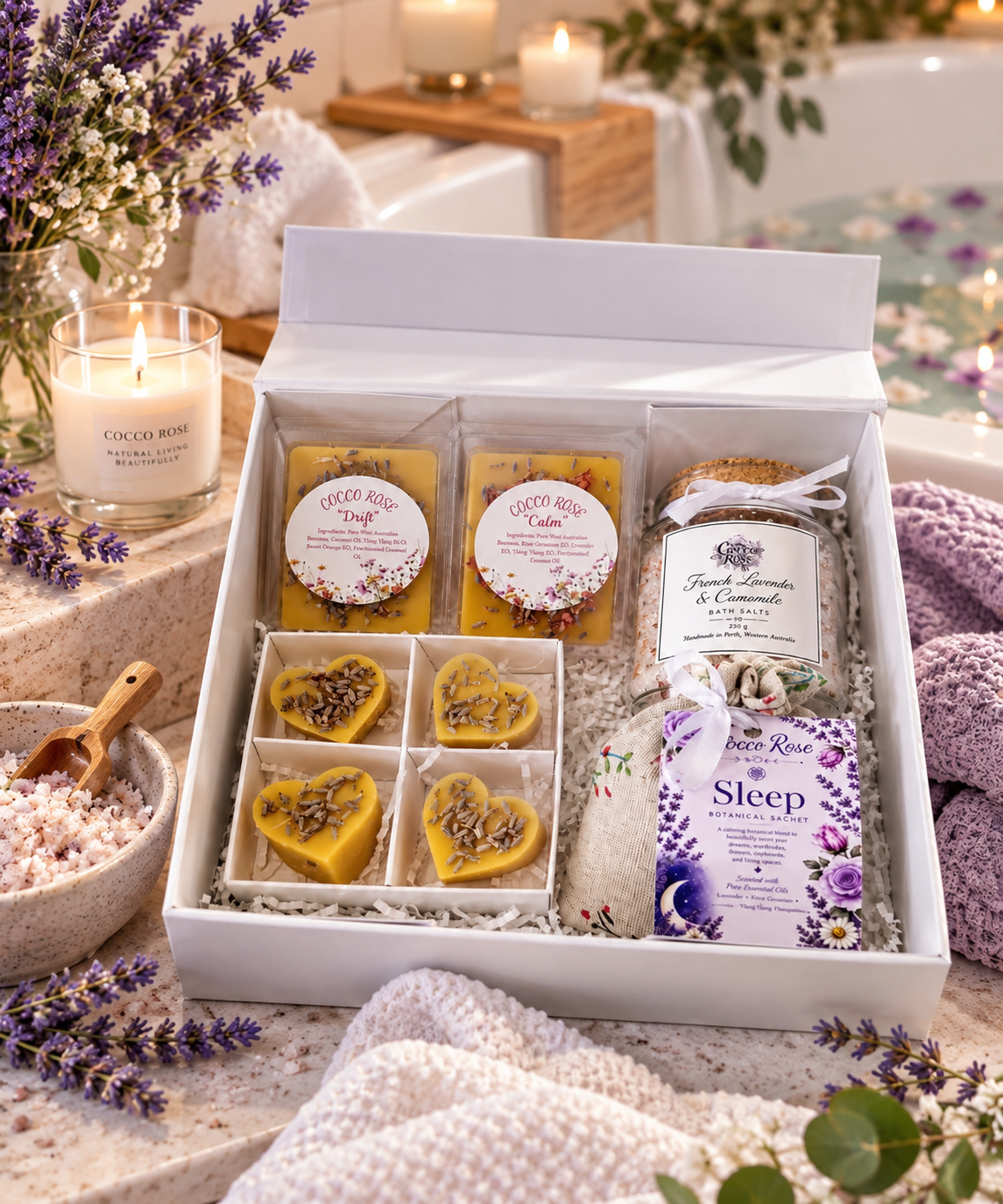 Lavender Sleep Gift Box, Beeswax Wax Melts, Bath Salts & Botanical Sachet, Relaxation Self Care Gift for Her