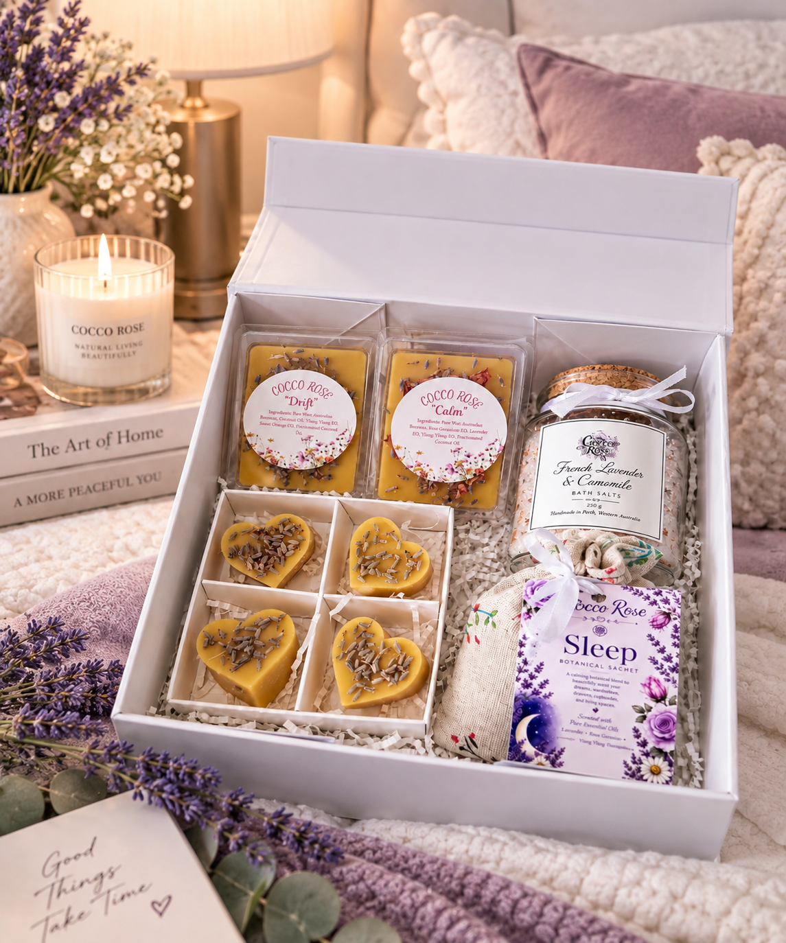 Lavender Sleep Gift Box, Beeswax Wax Melts, Bath Salts & Botanical Sachet, Relaxation Self Care Gift for Her