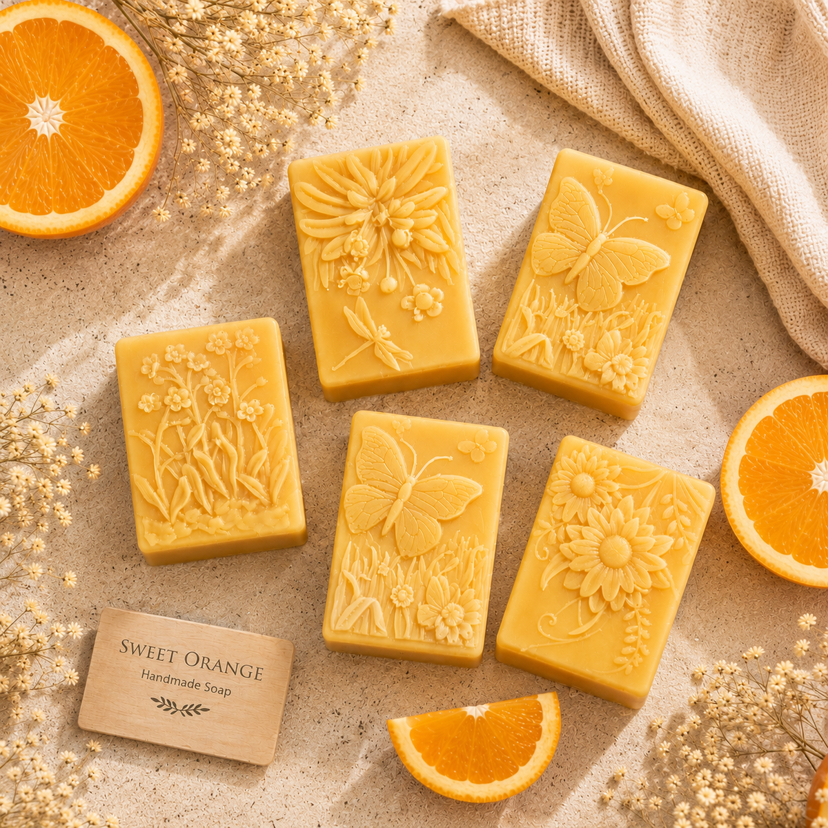 Five rectangular handmade soap bars with embossed floral and butterfly designs are arranged on a textured beige surface with orange slices, dried flowers, and a small paper label reading 'SWEET ORANGE Handmade Soap.'.