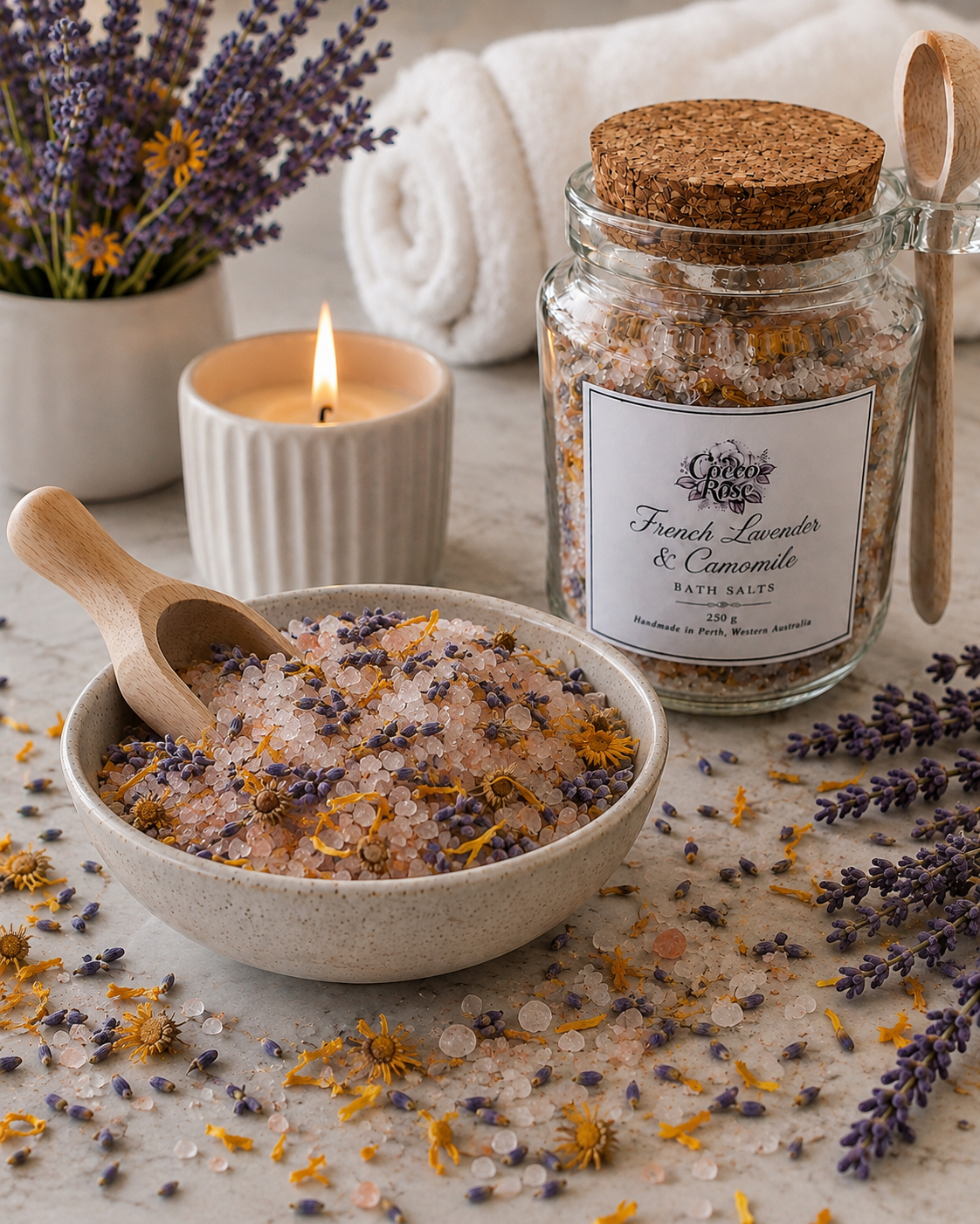 Lavender & Camomile Bath Salts 250g, Epsom Salt Bath Soak, Essential Oil Spa Gift