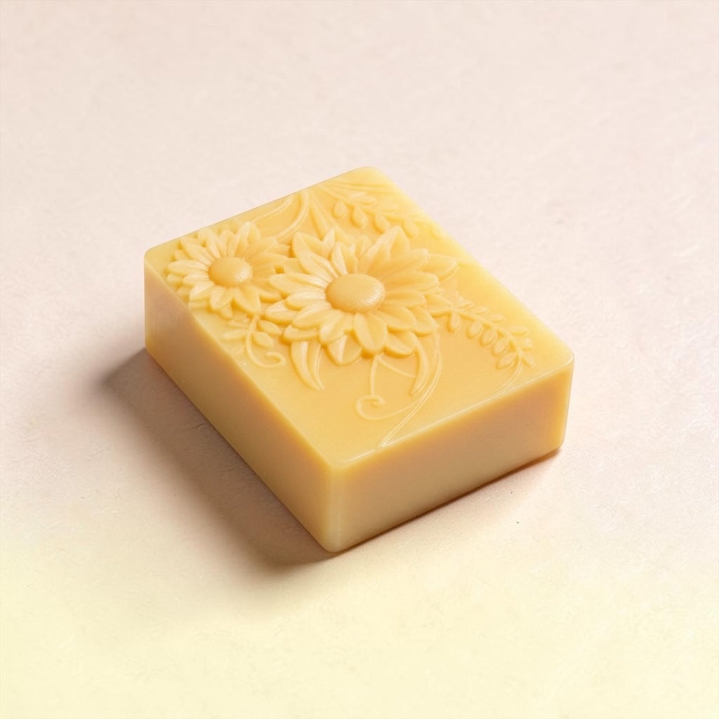 A rectangular pale yellow bar of soap with an embossed floral pattern on top, photographed on a plain light beige background.