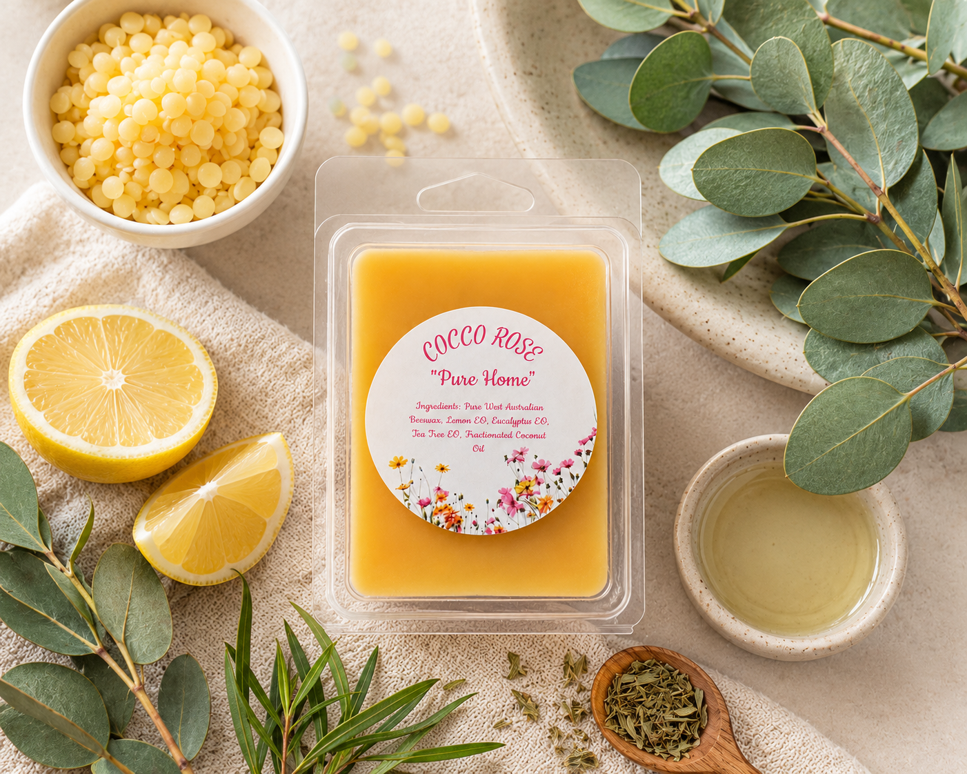 Clamshell wax melt on a table with eucalyptus, lemon and tea tree - Cocco Rose Pure Home