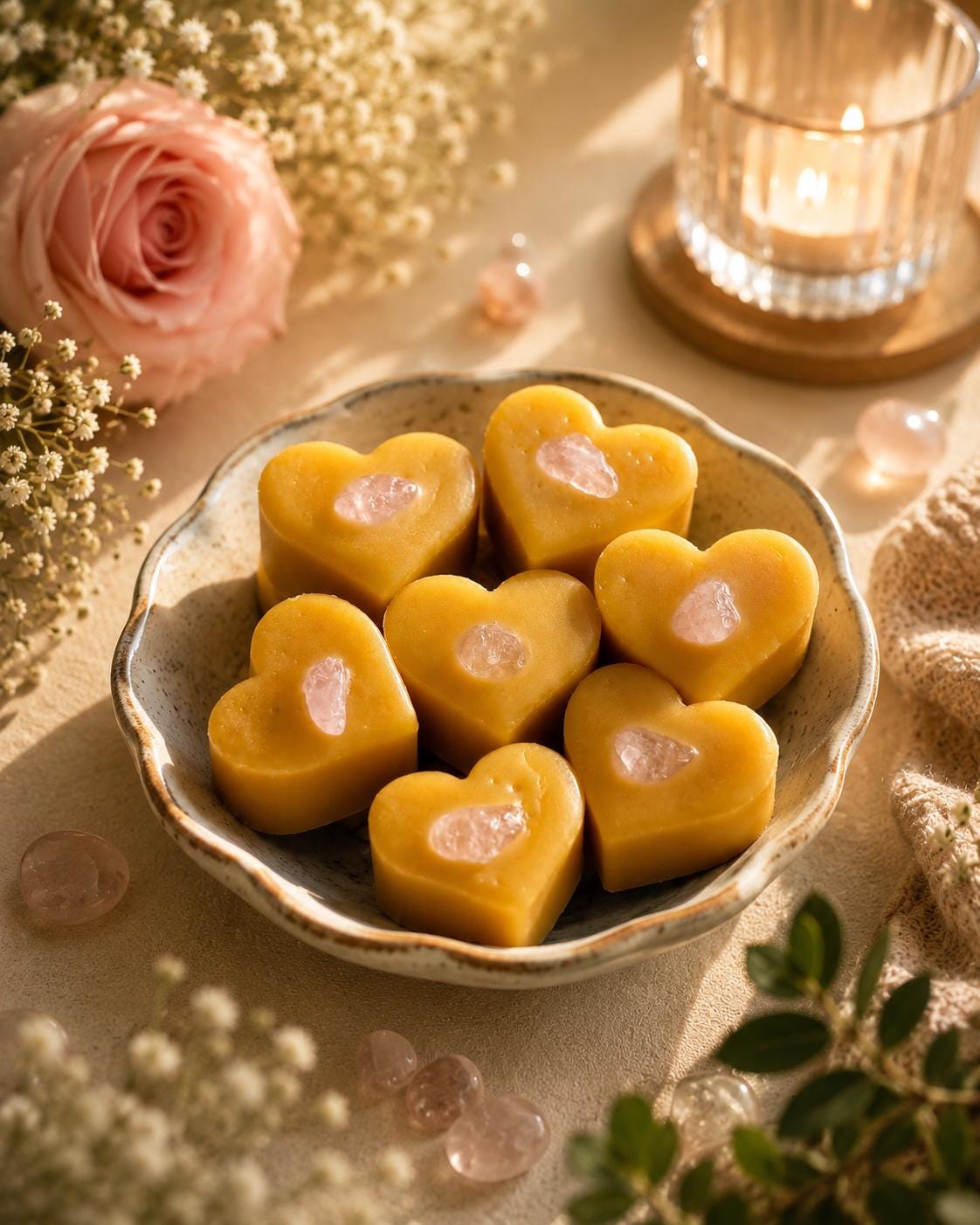 Rose Quartz Crystal Beeswax Melts | Floral Essential Oils | Romantic Home Fragrance and Self Care Gifts | Handmade in Australia | Pack of 4