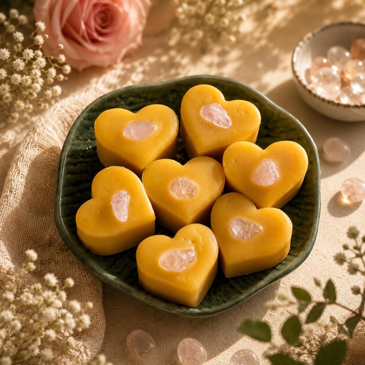 Rose Quartz Crystal Beeswax Melts | Floral Essential Oils | Romantic Home Fragrance and Self Care Gifts | Handmade in Australia | Pack of 4
