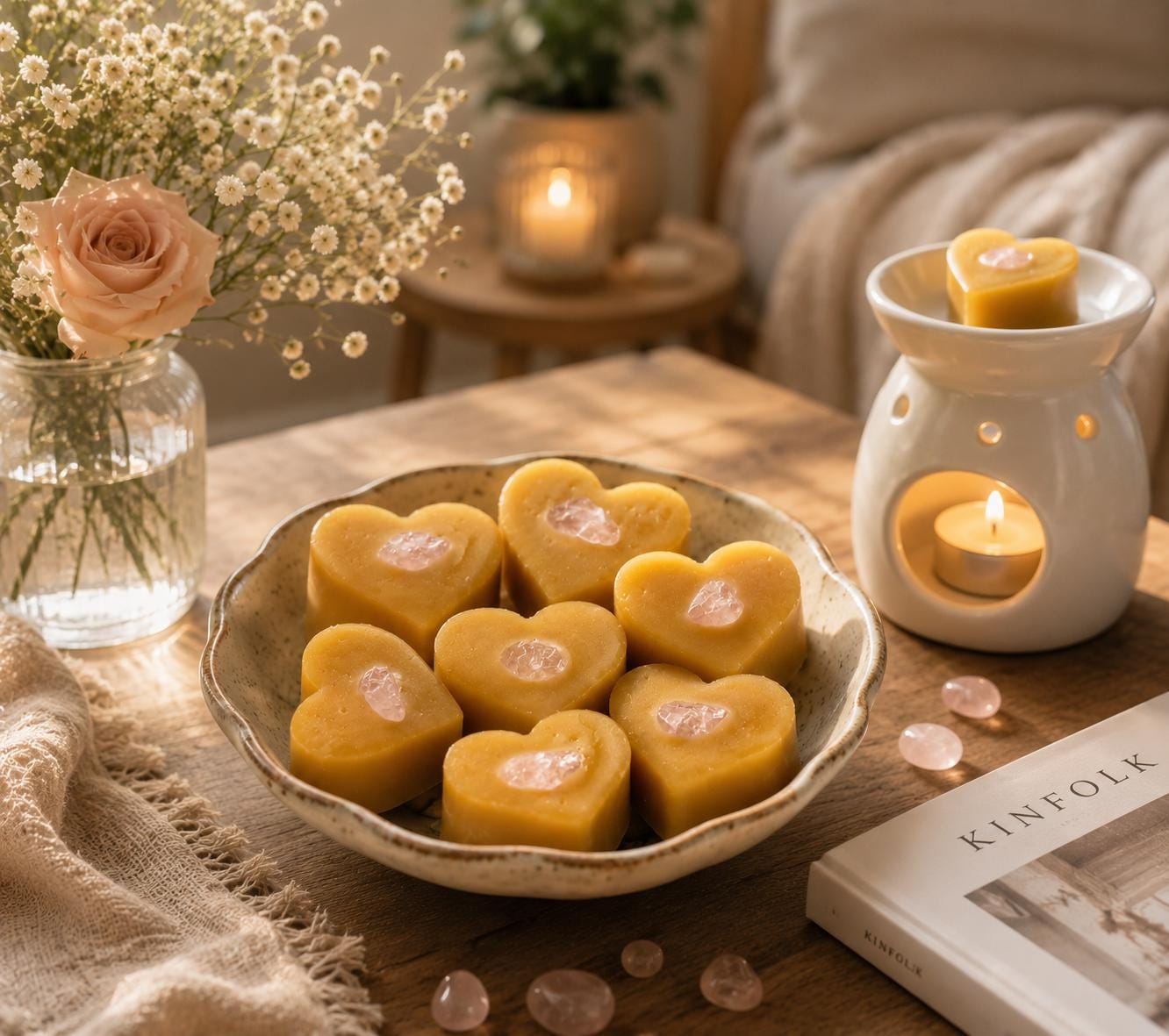 Rose Quartz Crystal Beeswax Melts | Floral Essential Oils | Romantic Home Fragrance and Self Care Gifts | Handmade in Australia | Pack of 4