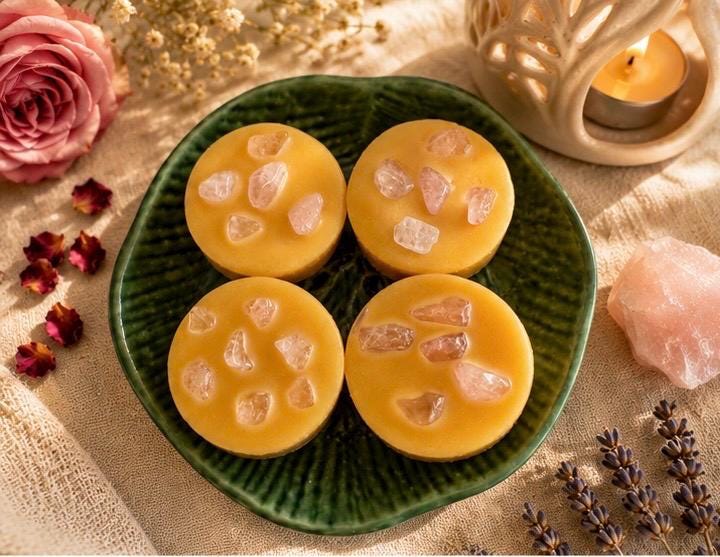 Rose Quartz Crystal Beeswax Melts |Calming Essential Oil | Self Care Gifts | Handmade in Australia | Pack of 4