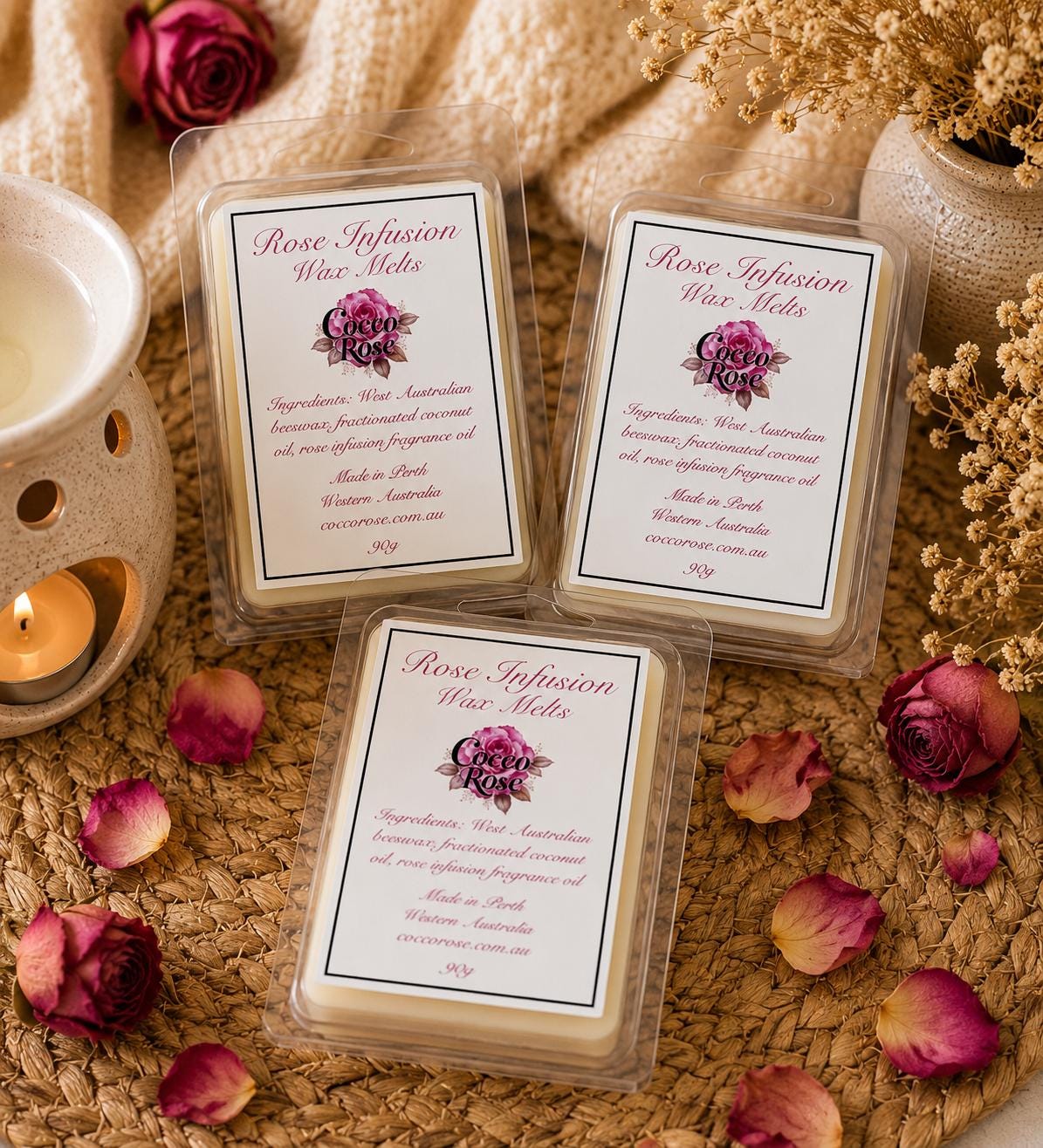 Rose Infusion Beeswax Melts | Raspberry, Rose Petals, Vanilla Crème Fragrance | Romantic Home Fragrance Gift | Handmade in Australia