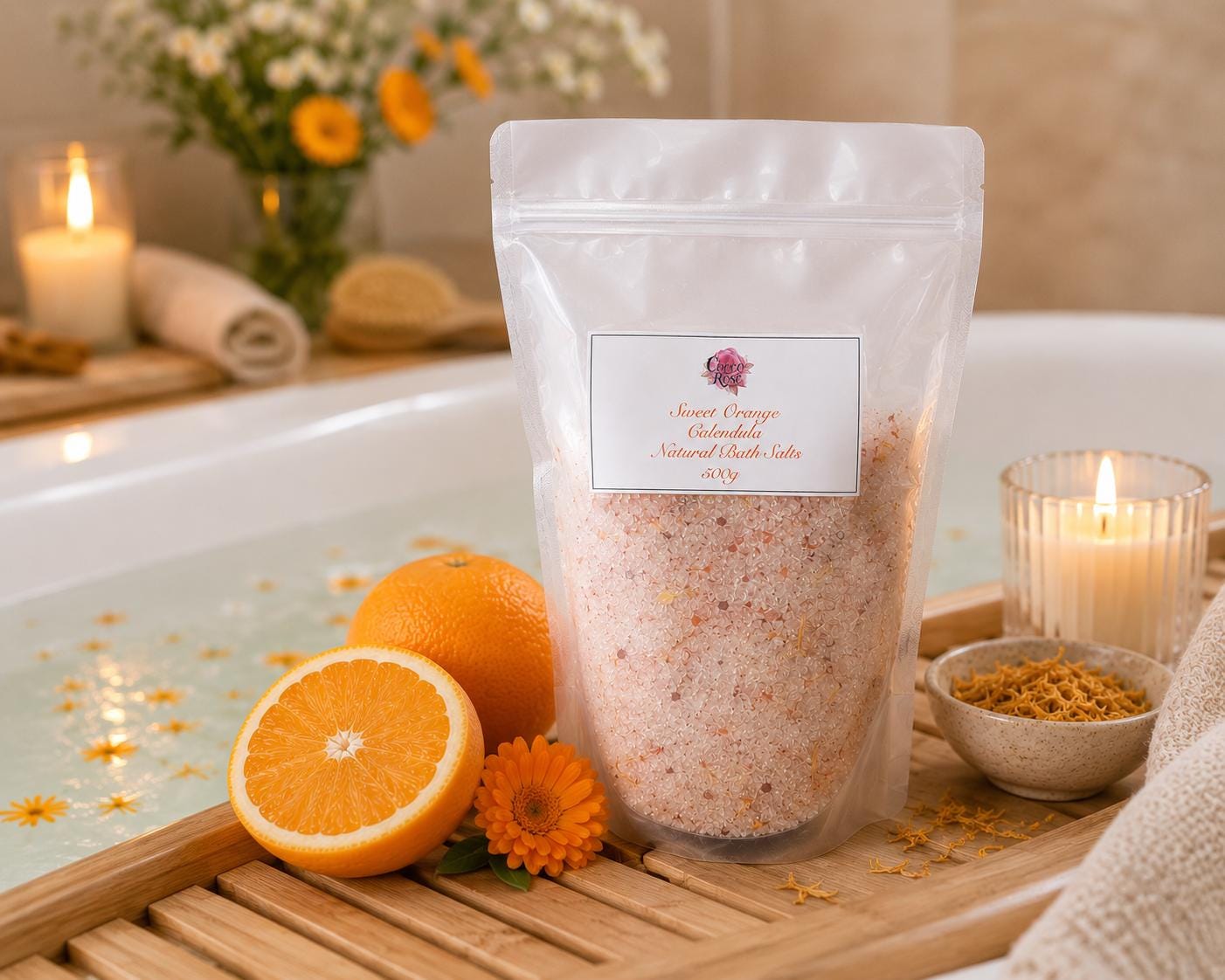 Natural Sweet Orange & Calendula Botanical Bath Salts | Pure Essential Oils | Handmade Gift Australia