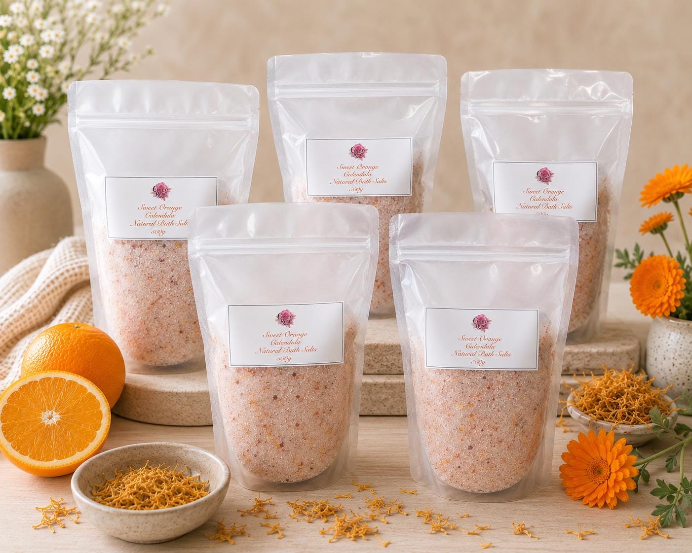 Natural Sweet Orange & Calendula Botanical Bath Salts | Pure Essential Oils | Handmade Gift Australia