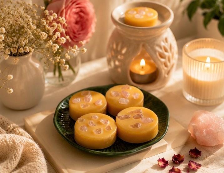 Rose Quartz Crystal Beeswax Melts |Calming Essential Oil | Self Care Gifts | Handmade in Australia | Pack of 4