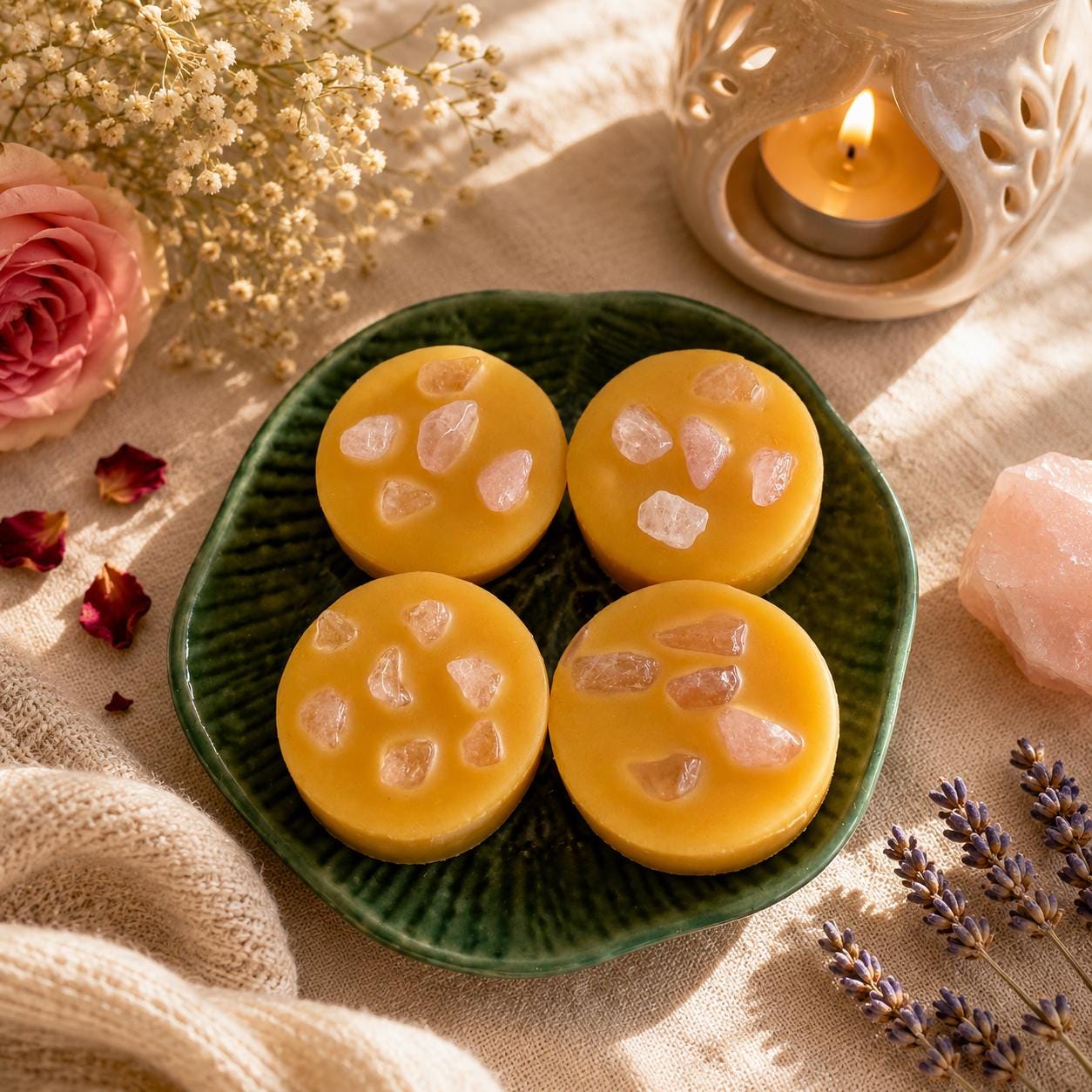 Rose Quartz Crystal Beeswax Melts |Calming Essential Oil | Self Care Gifts | Handmade in Australia | Pack of 4