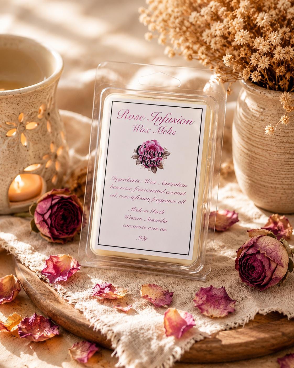 Rose Infusion Beeswax Melts | Raspberry, Rose Petals, Vanilla Crème Fragrance | Romantic Home Fragrance Gift | Handmade in Australia