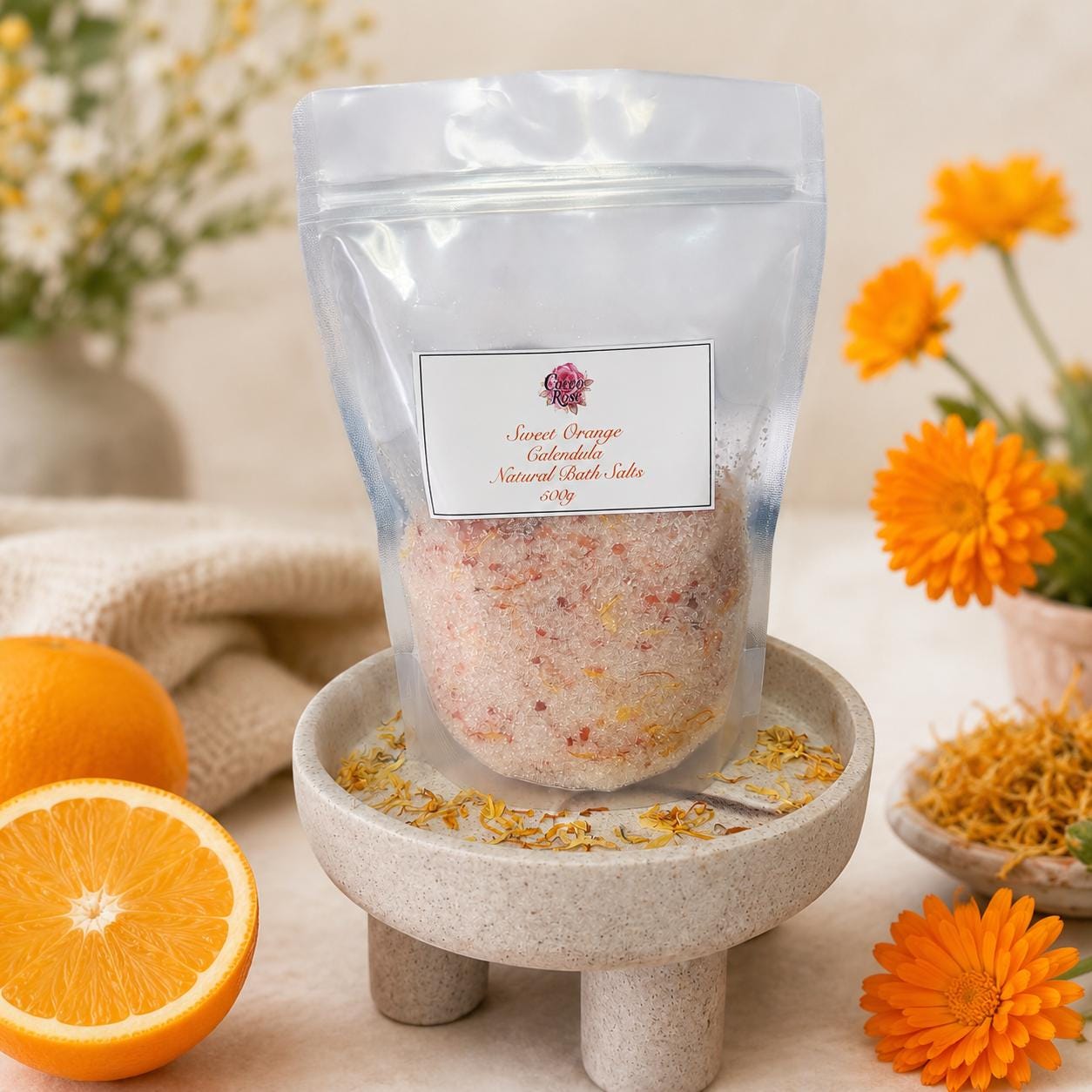 Natural Sweet Orange & Calendula Botanical Bath Salts | Pure Essential Oils | Handmade Gift Australia