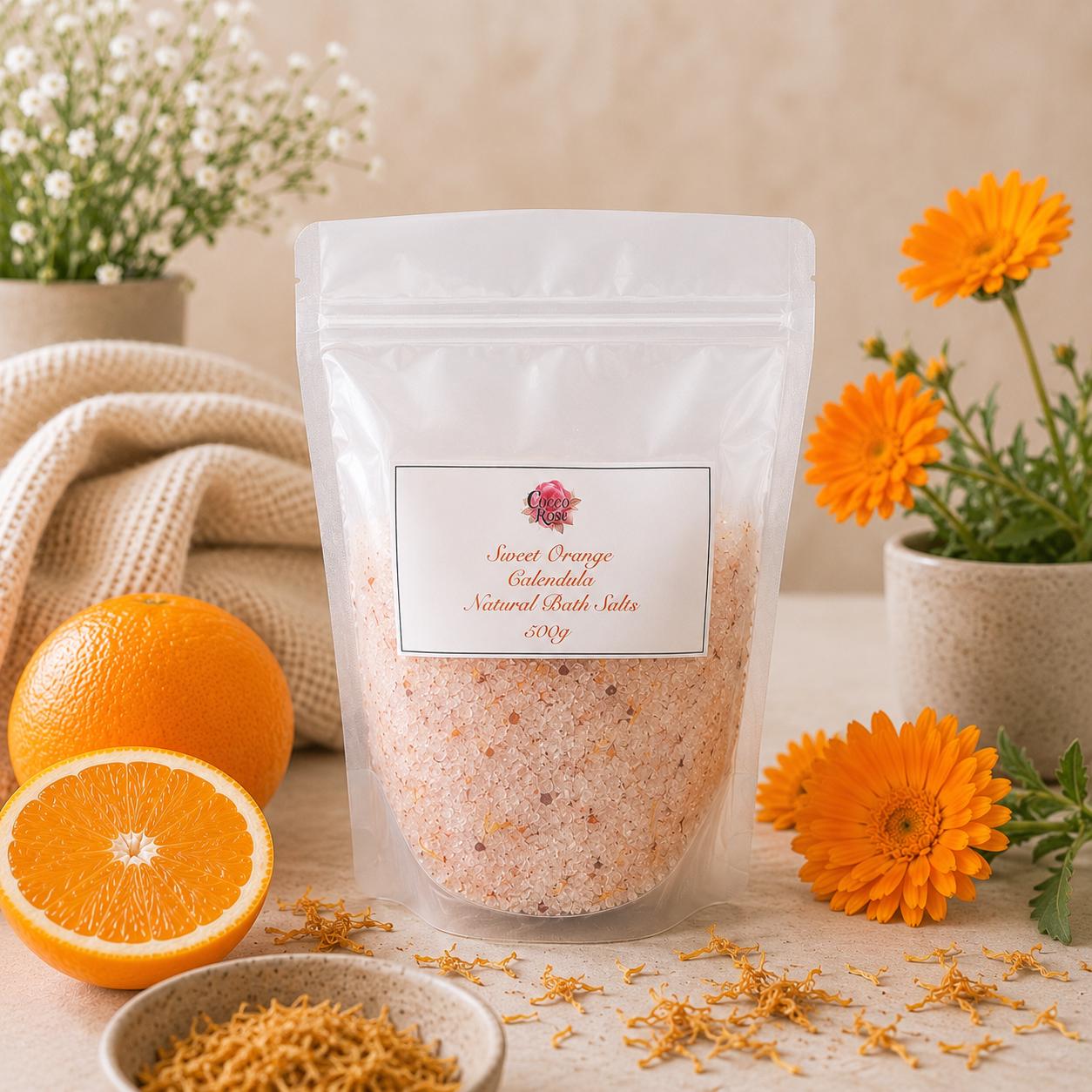 Natural Sweet Orange & Calendula Botanical Bath Salts | Pure Essential Oils | Handmade Gift Australia