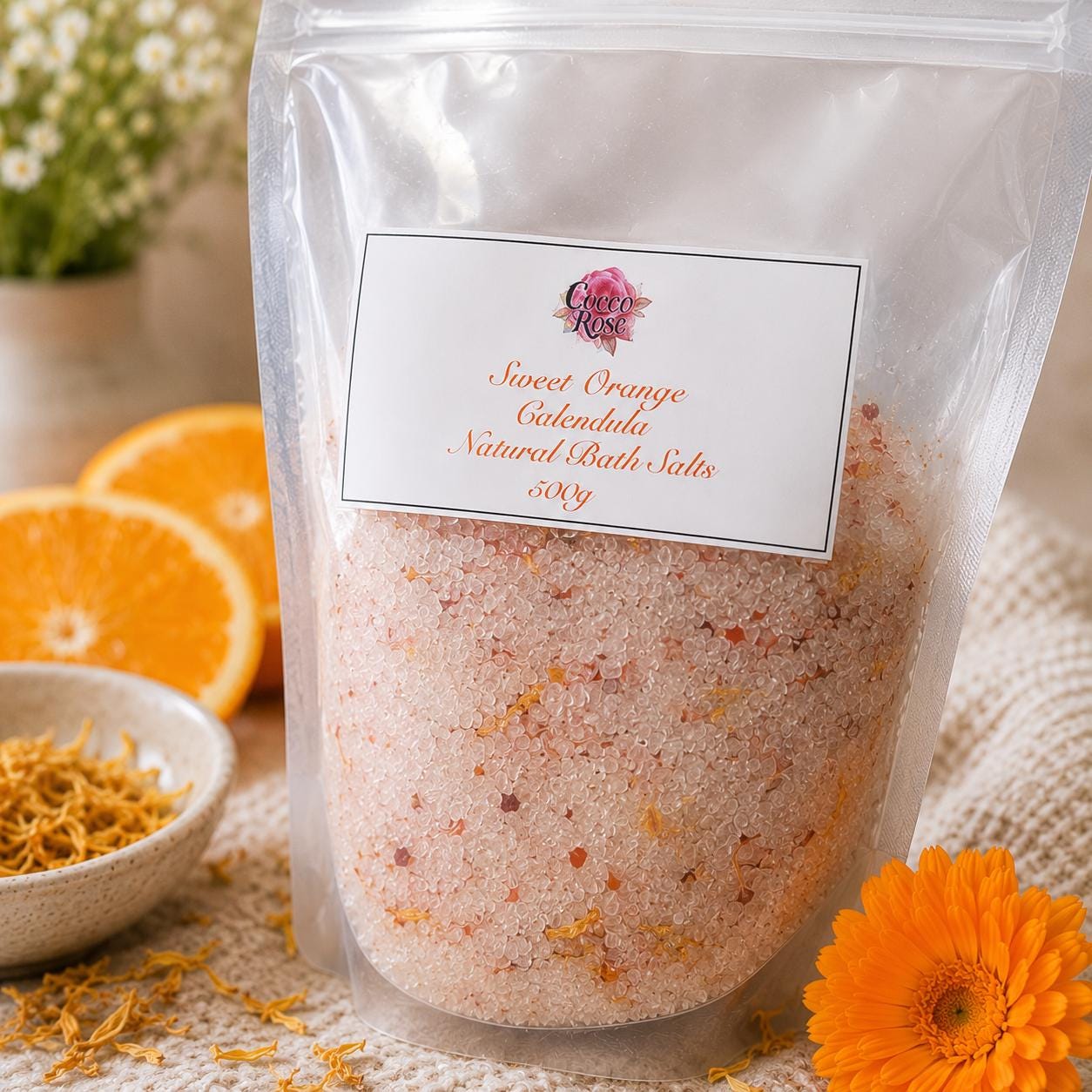 Natural Sweet Orange & Calendula Botanical Bath Salts | Pure Essential Oils | Handmade Gift Australia